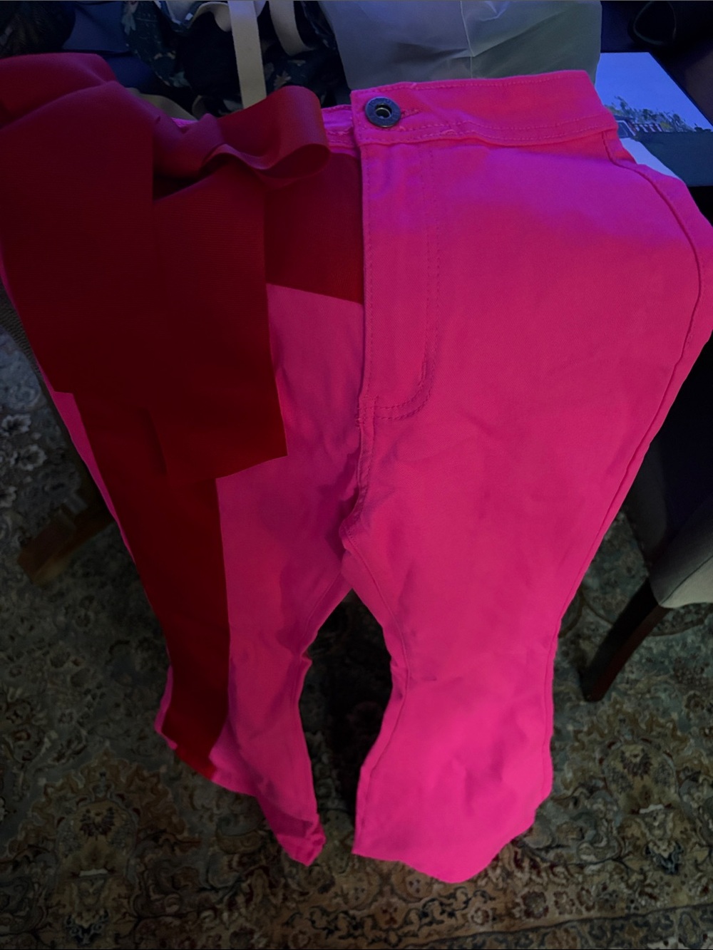 Judith March Bright Hot Pink Flare Jeans with Red Bow